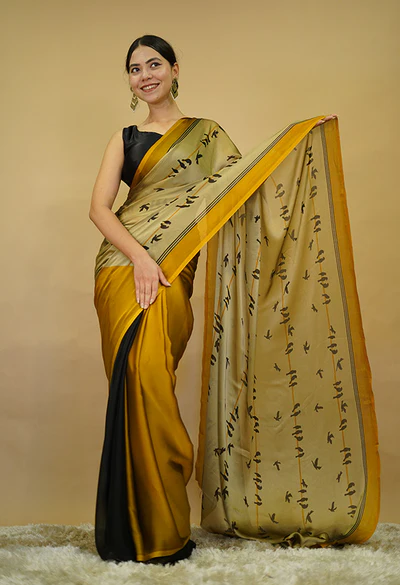 Moss Chiffon Half N Half Printed Prestitched Saree